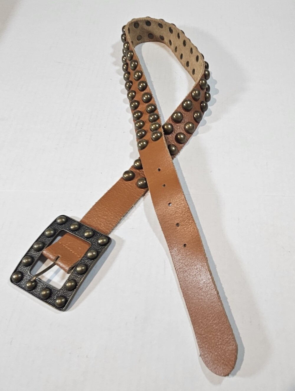 Vintage Western Brown Studded Leather Belt Medium Brass Boho Square Bucks Grunge